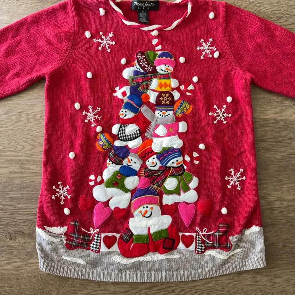 Vintage Theme Works by Kikit Ugly Christmas Snowman Pom Pom Sweater Women’s Sz S